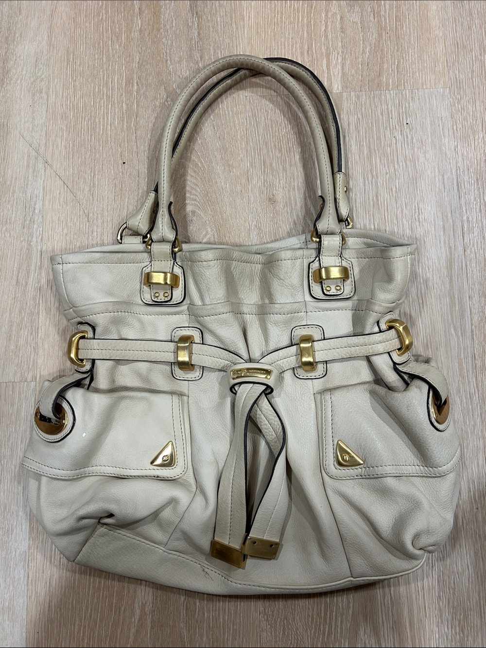 b. makowsky Beige Leather Shoulder Bag with Gold Hardware